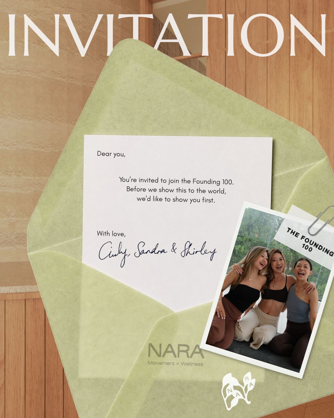 An invitation to the Founding 100, with a green envelope and a photograph of NARA’s three founders