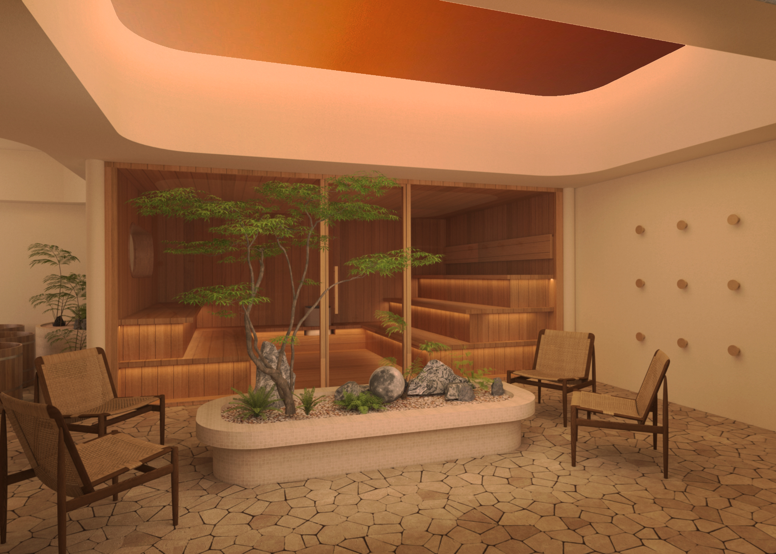 NARA’s sauna lounge with a timber sauna, central planted garden and seating beneath a skylight